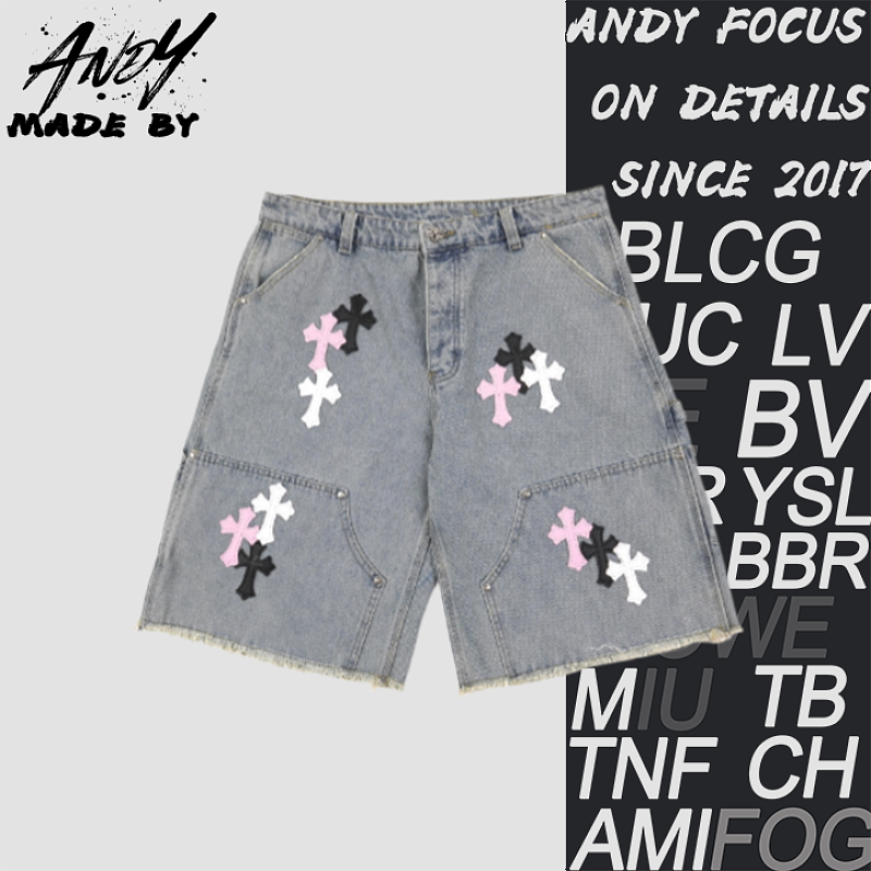 Cross Leather Patch Embroidered Workwear Denim Shorts