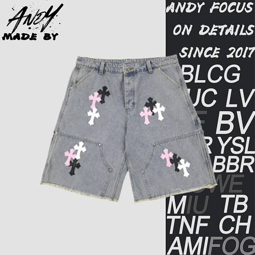 Cross Leather Patch Embroidered Workwear Denim Shorts