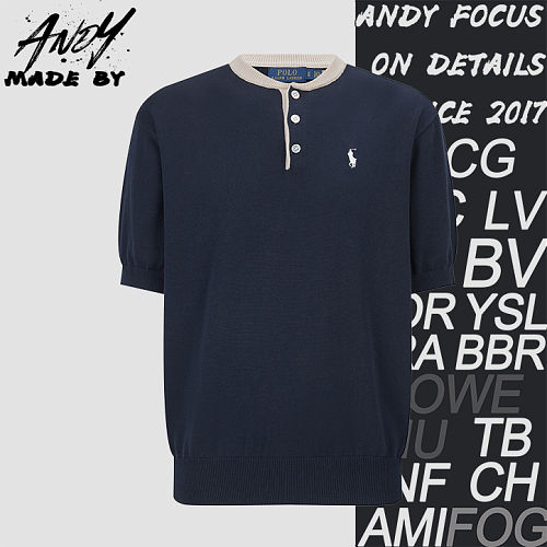 Henley Collar Embroidered Logo Knit Sweater