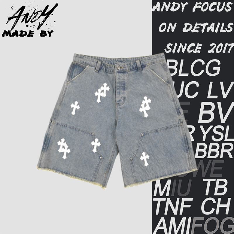 Cross Leather Patch Embroidered Workwear Denim Shorts