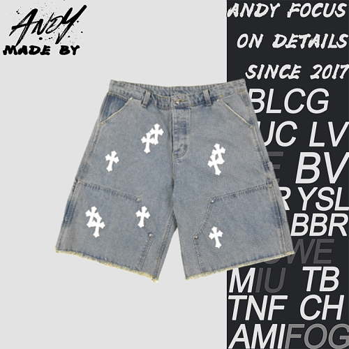 Cross Leather Patch Embroidered Workwear Denim Shorts