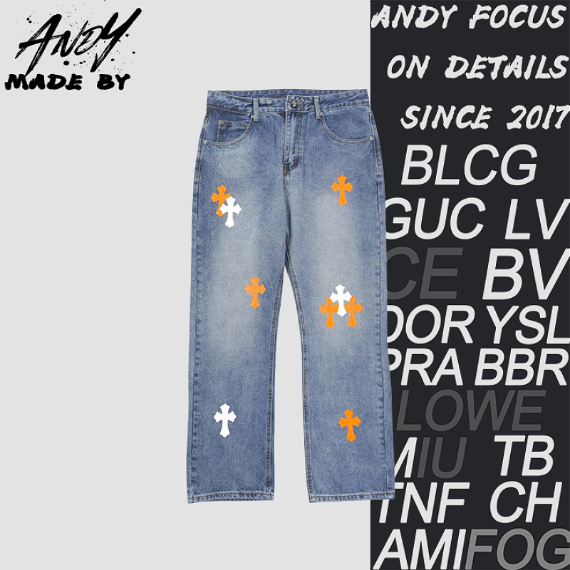 Denim Jeans With A Sanskrit Cross Patch On The Back