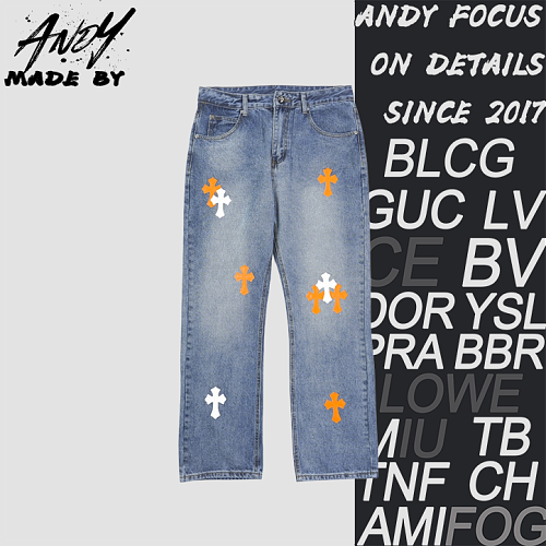 Denim Jeans With A Sanskrit Cross Patch On The Back