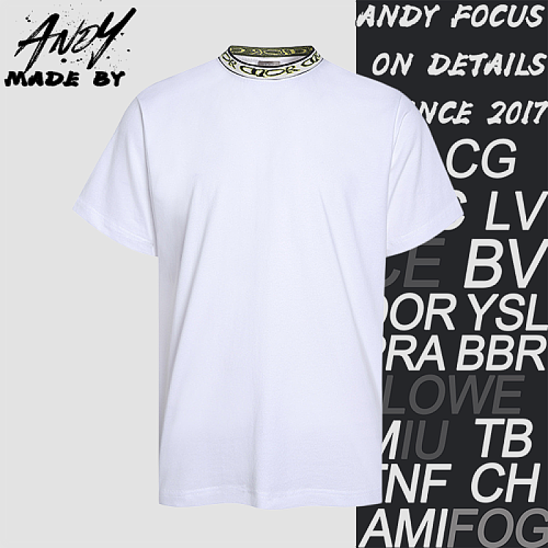 Cotton Plain Knit Ribbed Collar Letter Embroidered Short Sleeve