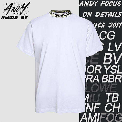Cotton Plain Knit Ribbed Collar Letter Embroidered Short Sleeve