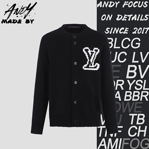 L V Thick Intarsia Pattern Signature Cardigan Sweater