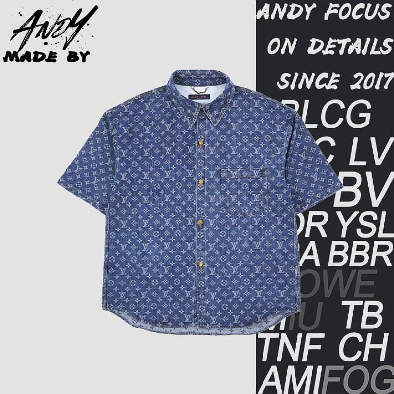 Full Print Vintage Blue Denim Short-Sleeve Shirt