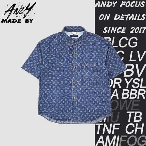 Full Print Vintage Blue Denim Short-Sleeve Shirt