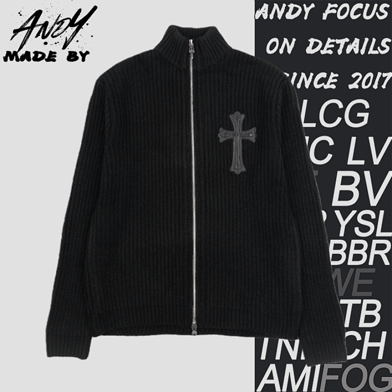 Cross-leather Silver Zip-up Wool Cardigan Jacket