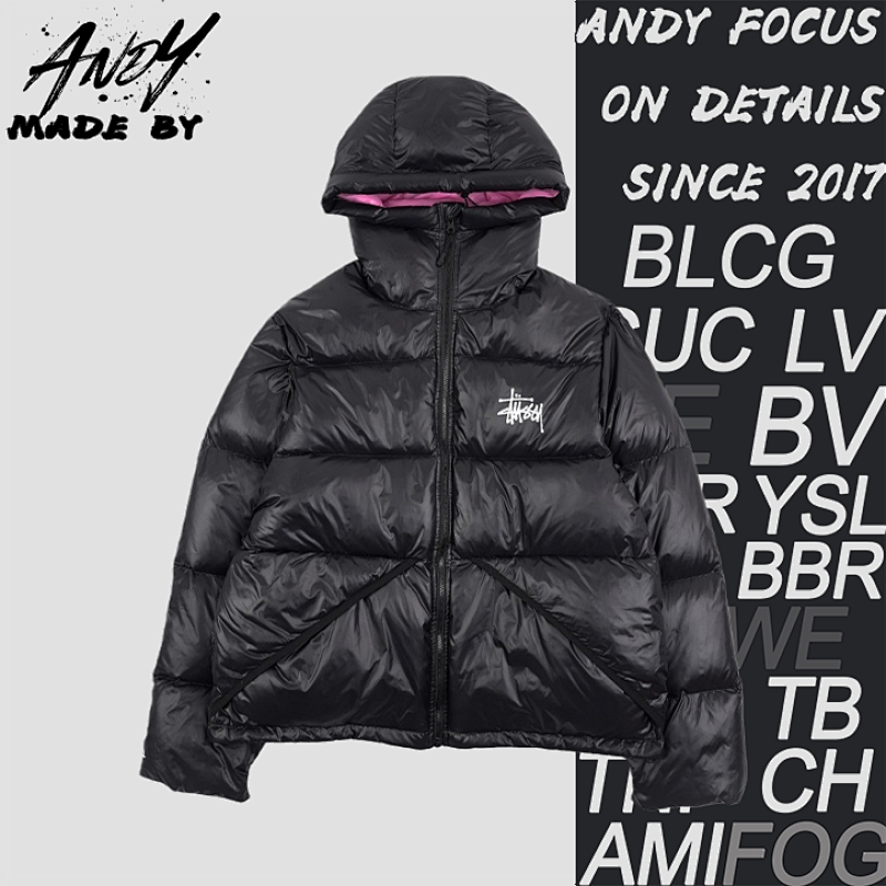 Classic Letter Hooded Down Jacket - Black And Pink