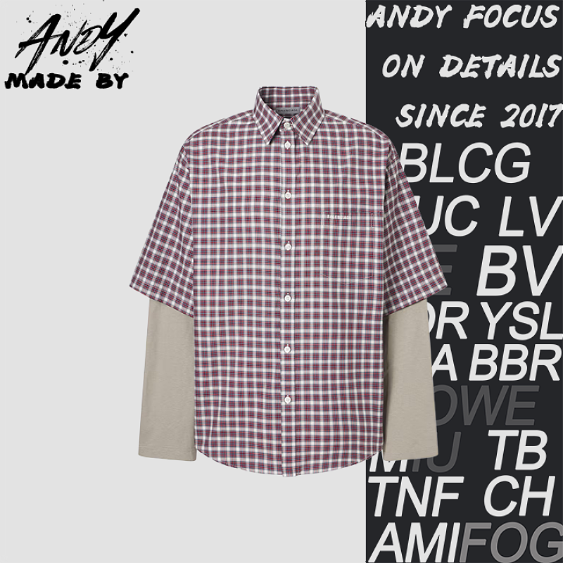 Red And Gray Check Fake Two-piece Long-sleeve Shirt