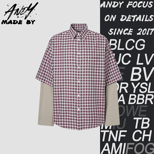 Red And Gray Check Fake Two-piece Long-sleeve Shirt