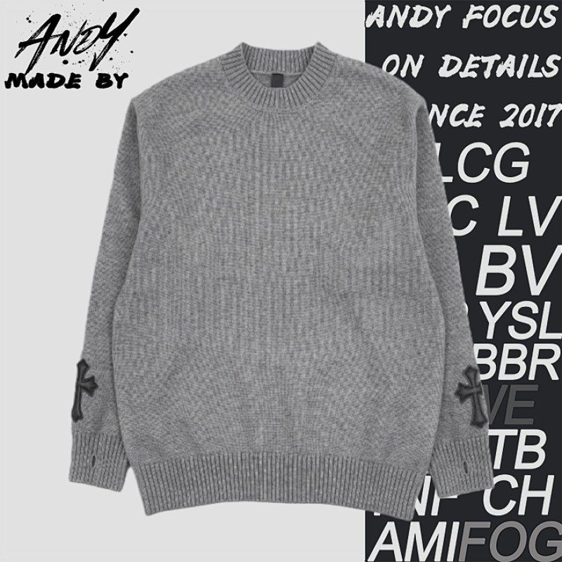 Cross Leather Label Intarsia Crew Neck Sweater
