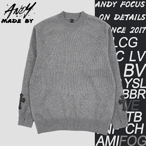 Cross Leather Label Intarsia Crew Neck Sweater