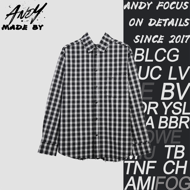 Black And White Checkered Distressed Frayed Long-sleeve Shirt