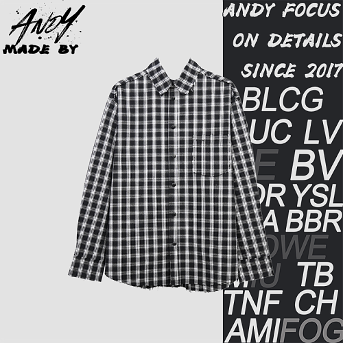 Black And White Checkered Distressed Frayed Long-sleeve Shirt
