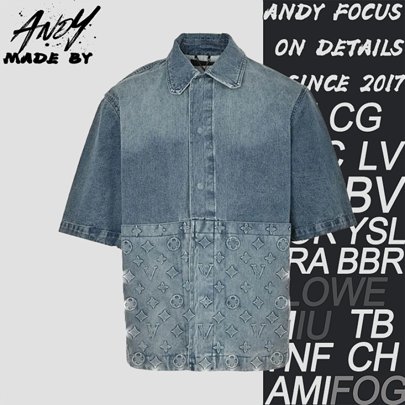Louis Vuitton L V Hem Monogram Embossed Denim Short-sleeved Shirt