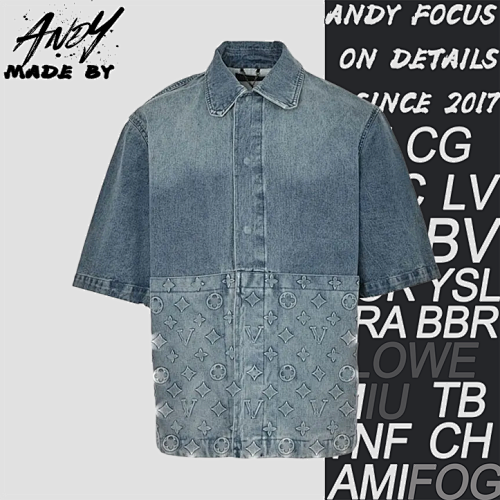 Louis Vuitton L V Hem Monogram Embossed Denim Short-sleeved Shirt