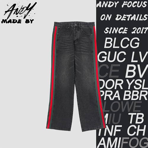 Denim Pants With Red And Green Side Stripes