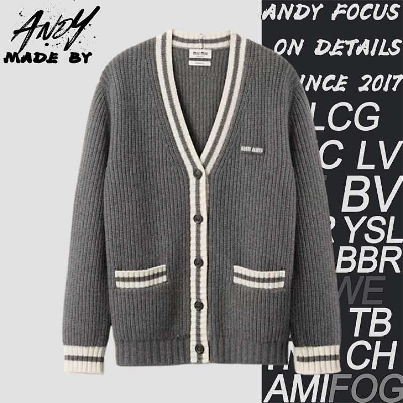Miu Small Label Gray And White Placket Cardigan Jacket