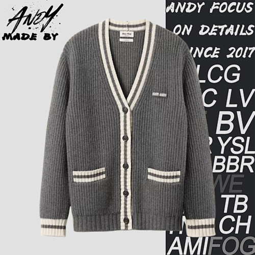 Miu Small Label Gray And White Placket Cardigan Jacket