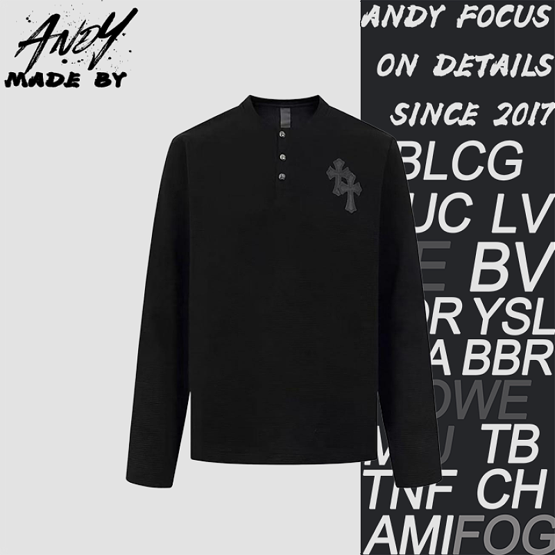 Cross Patch Waffle Henry Collar Long Sleeve - Black
