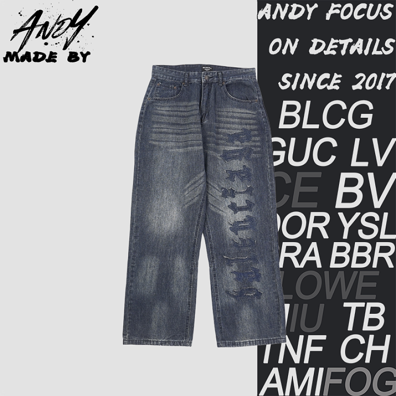 Balenciaga Appliqué Gothic Letter Wide-Leg Jeans
