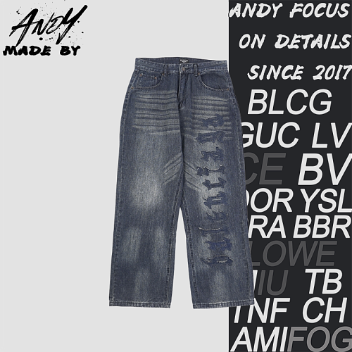 Balenciaga Appliqué Gothic Letter Wide-Leg Jeans