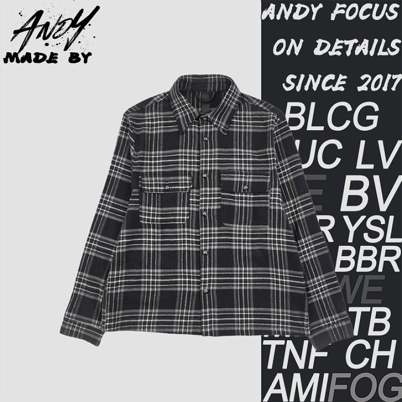Double-pocket Black And Grey Plaid Long-sleeve Shirt