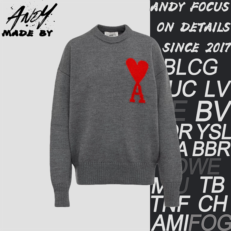 Heart Jacquard Crew Neck Sweater - Grayish Red