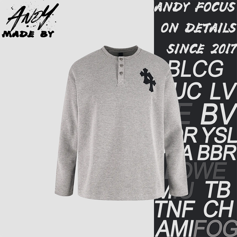Cross Patch Waffle Henry Collar Long Sleeve - Gray