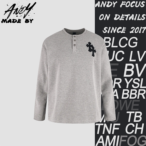Cross Patch Waffle Henry Collar Long Sleeve - Gray