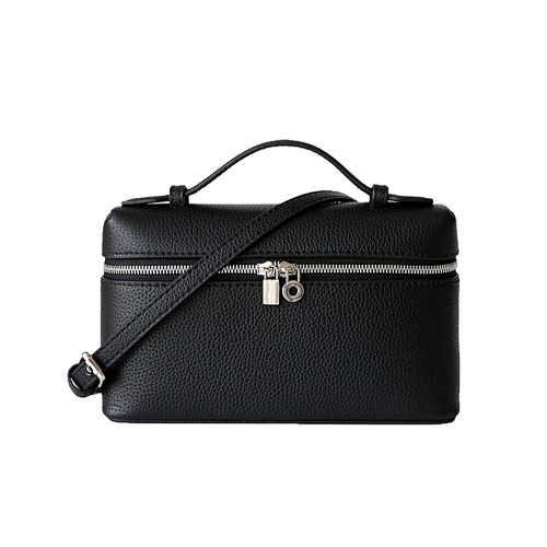 L P Logo Silver Buckle Double Zipper Small Square Bag Black