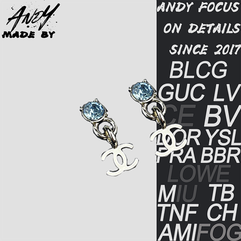 Chanel Light Blue Rhinestone Round Diamond Double C Pendant Earrings