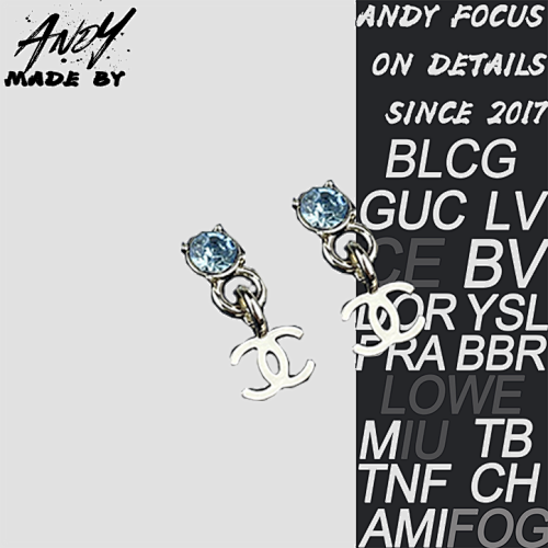Chanel Light Blue Rhinestone Round Diamond Double C Pendant Earrings