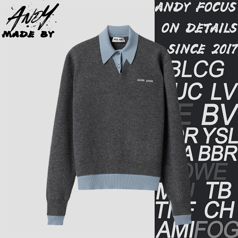 Miu Miu Jacquard Logo Faux Two-piece Cashmere Knit Polo Long-sleeved Top