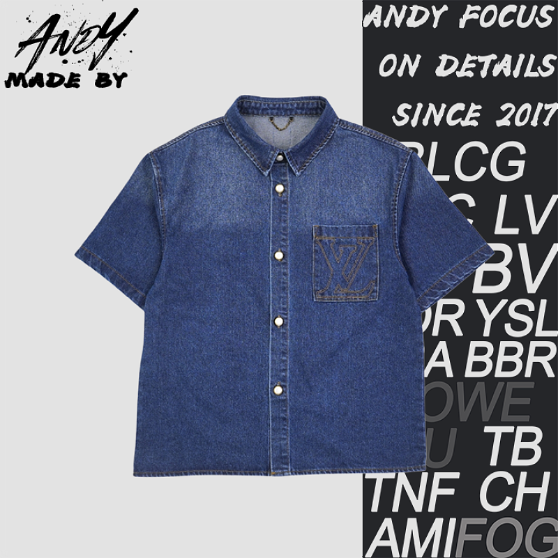 Navy Blue Pocket Embroidered Logo Denim Short-Sleeve Shirt