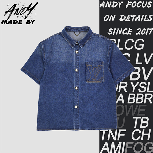 Navy Blue Pocket Embroidered Logo Denim Short-Sleeve Shirt