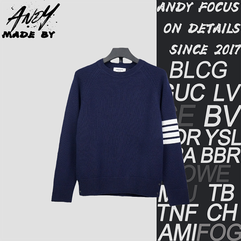 TB Four-stripe Wool Crew Neck Sweater - Navy Blue