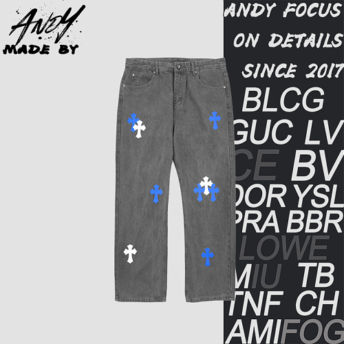 Denim Jeans With A Sanskrit Cross Patch On The Back