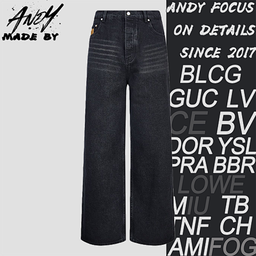 Louis Vuitton Embroidered Leather Label Wide-leg Jean