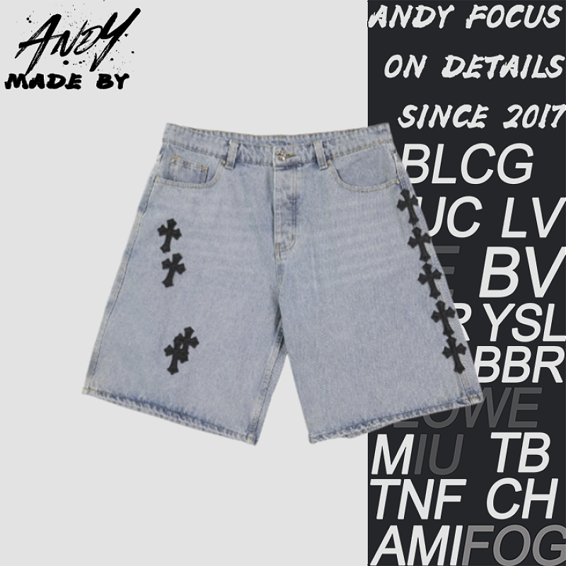 Cross Leather Patch Embroidered Workwear Denim Shorts