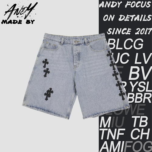 Cross Leather Patch Embroidered Workwear Denim Shorts