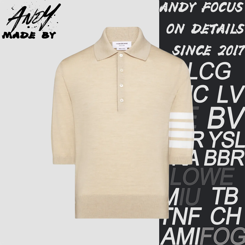 Four-stripe Five-button Short-sleeved Polo Shirt - Khaki