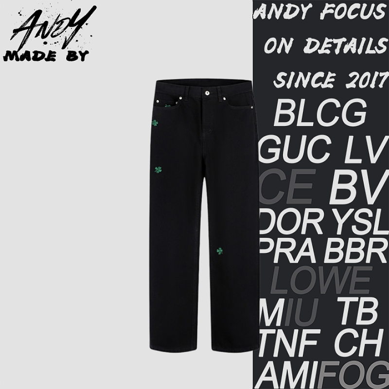 Cotton Denim Trousers With Four-Leaf Clover Embroidered Logo