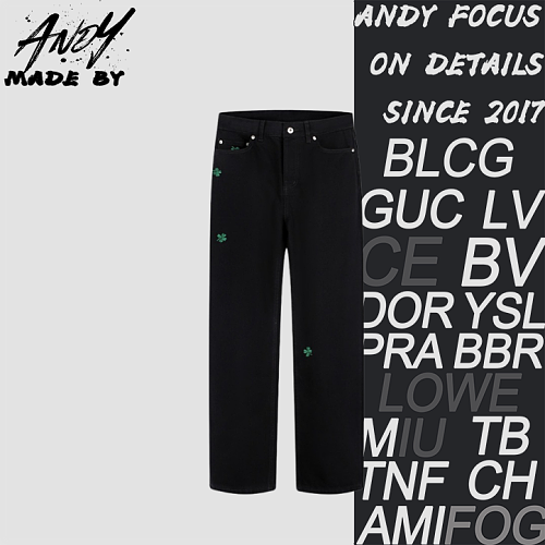Cotton Denim Trousers With Four-Leaf Clover Embroidered Logo