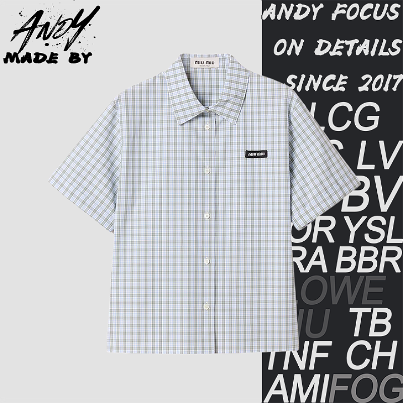 Blue-gray Small Check Short-sleeve Shirt