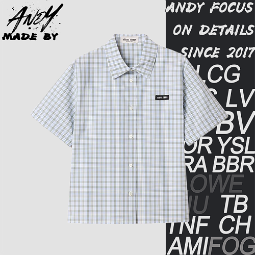 Blue-gray Small Check Short-sleeve Shirt