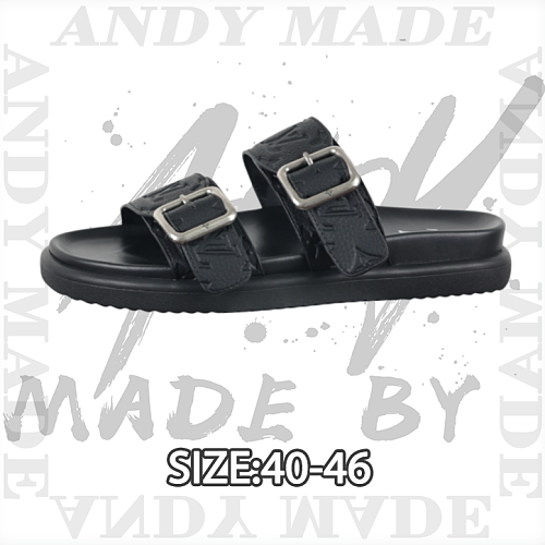 Louis Vuitton Men's Brown Embossing Leather Round Toe Slip-on Sandals With Buckle