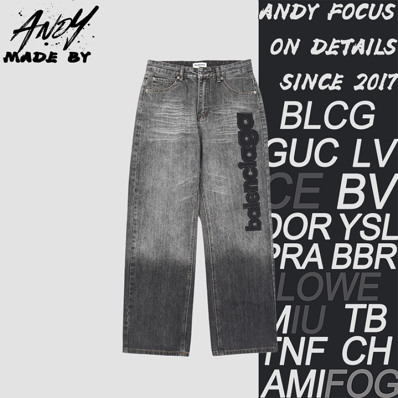 Balenciaga Patch Gothic Letter Wide-Leg Denim Jeans
